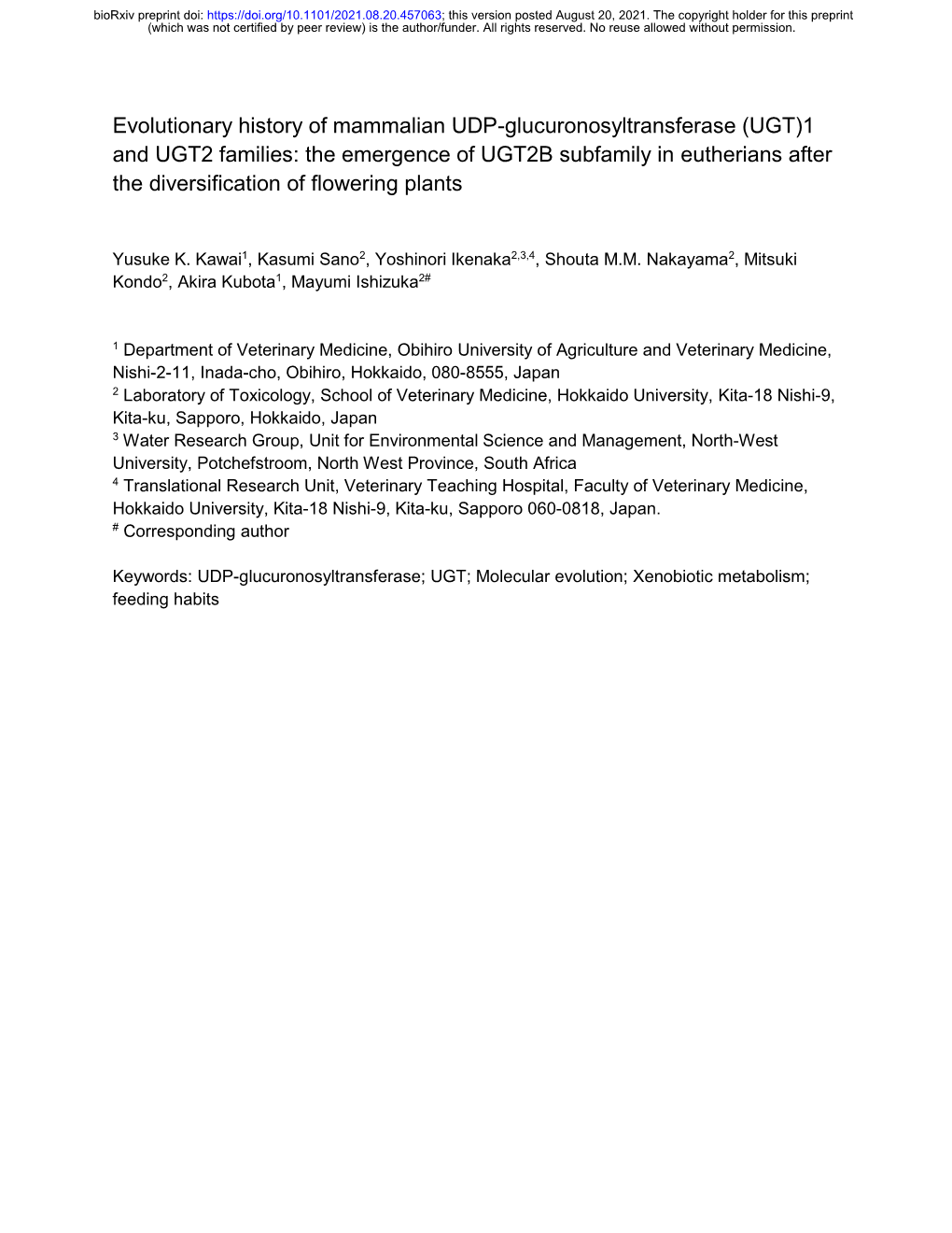 Evolutionary History of Mammalian UDP-Glucuronosyltransferase (UGT)1 and UGT2 Families: the Emergence of UGT2B Subfamily in Euth