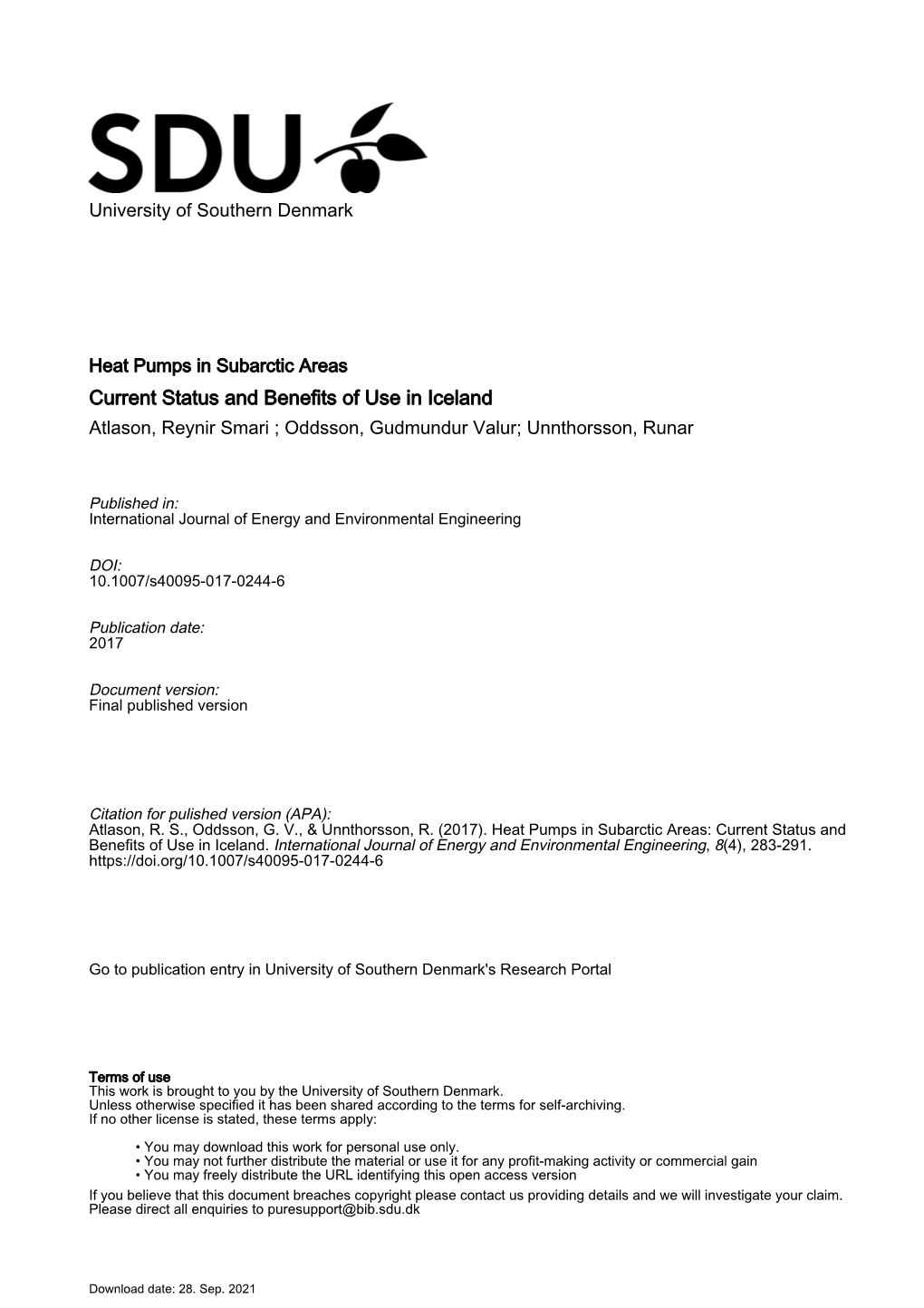 Heat Pumps in Subarctic Areas: Current Status and Benefits of Use in Iceland