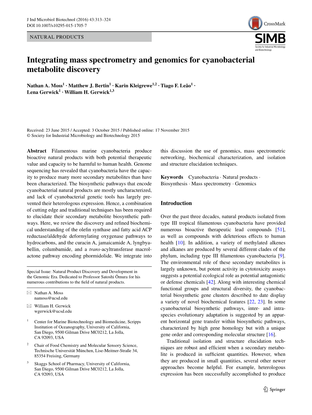 Integrating Mass Spectrometry and Genomics for Cyanobacterial Metabolite Discovery