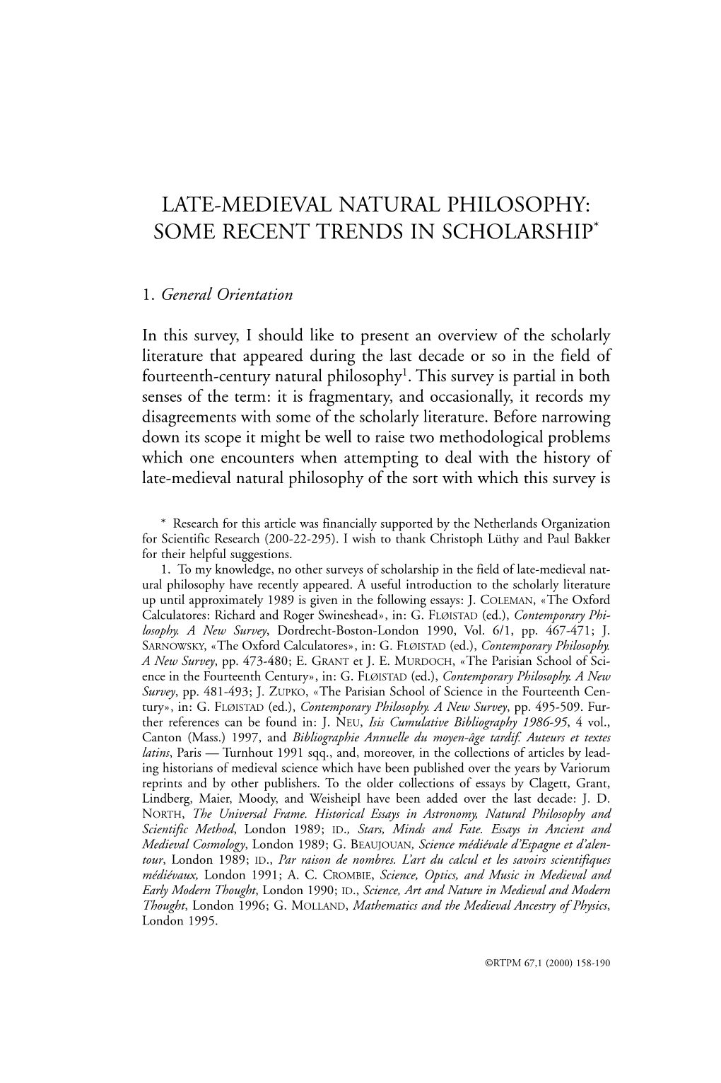 Late-Medieval Natural Philosophy: Some Recent Trends in Scholarship*