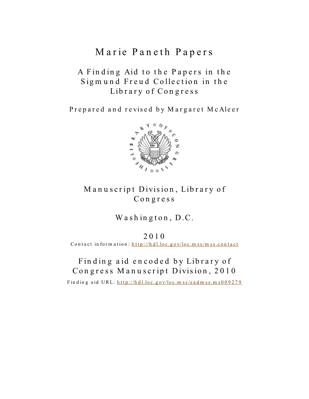 Marie Paneth Papers [Finding Aid]. Library of Congress. [PDF Rendered