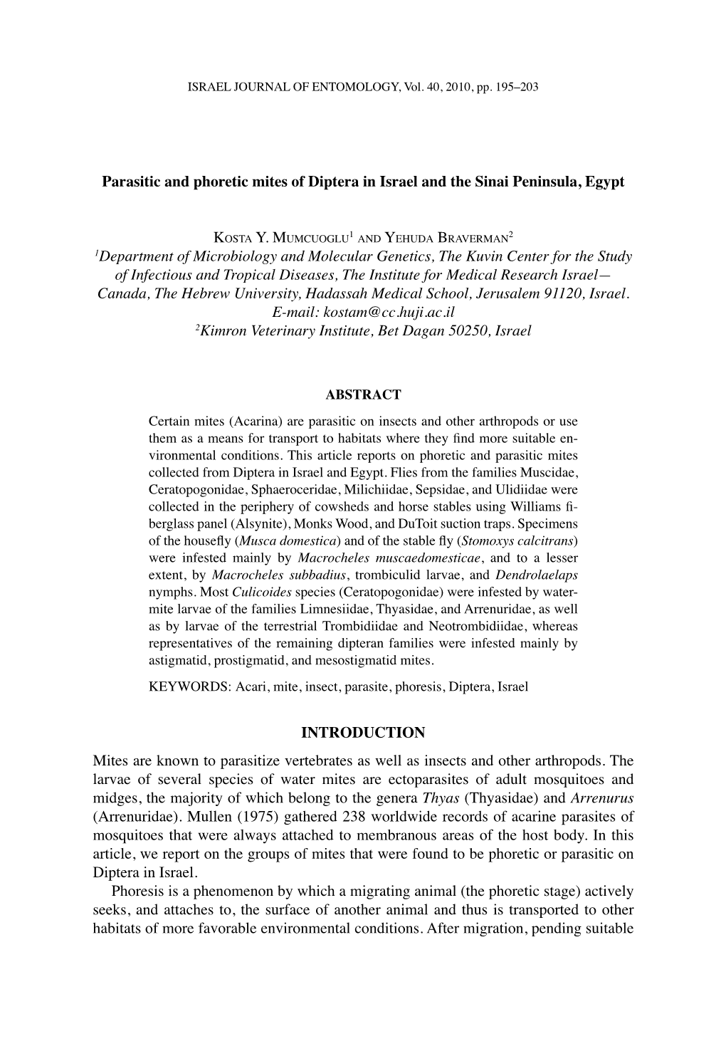 Parasitic and Phoretic Mites of Diptera in Israel and the Sinai Peninsula, Egypt