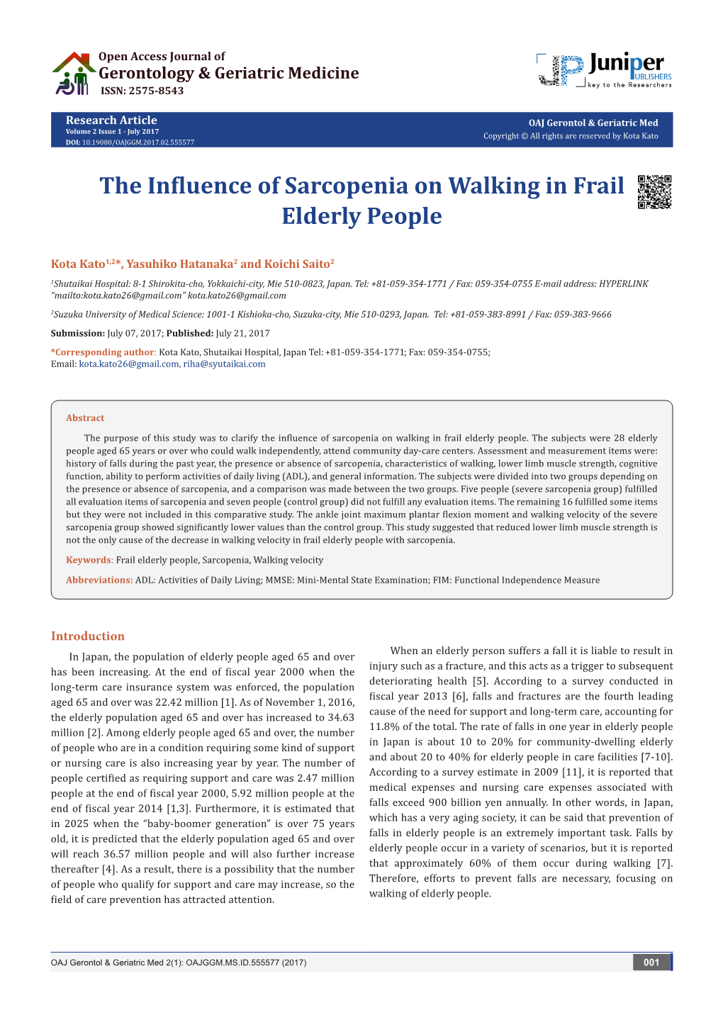 The Influence of Sarcopenia on Walking in Frail Elderly People