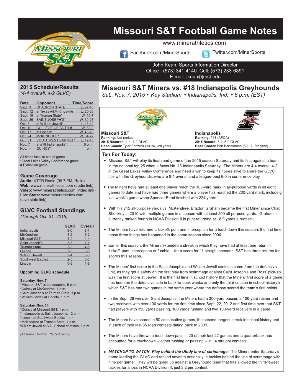 Missouri S&T Football Game Notes