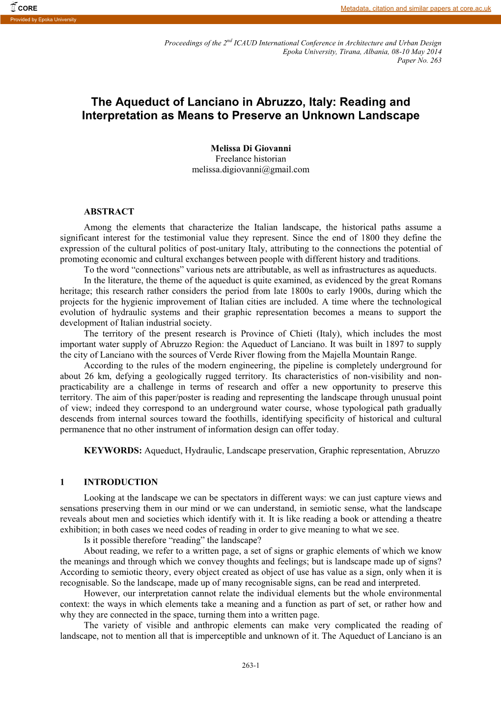 The Aqueduct of Lanciano in Abruzzo, Italy: Reading and Interpretation As Means to Preserve an Unknown Landscape