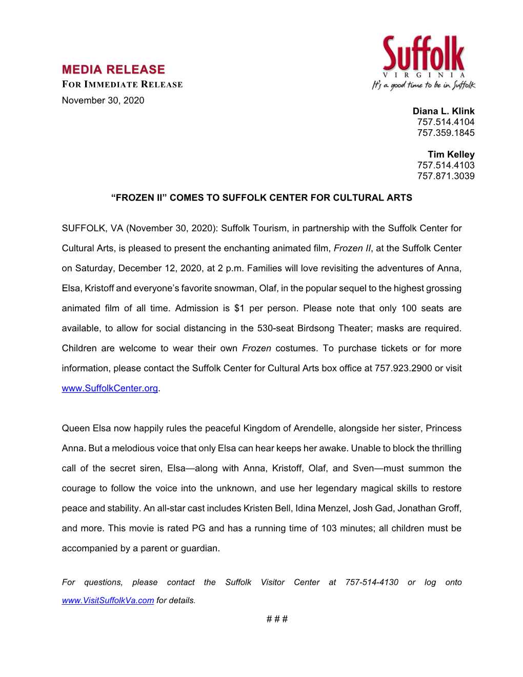 MEDIA RELEASE for IMMEDIATE RELEASE November 30, 2020 Diana L