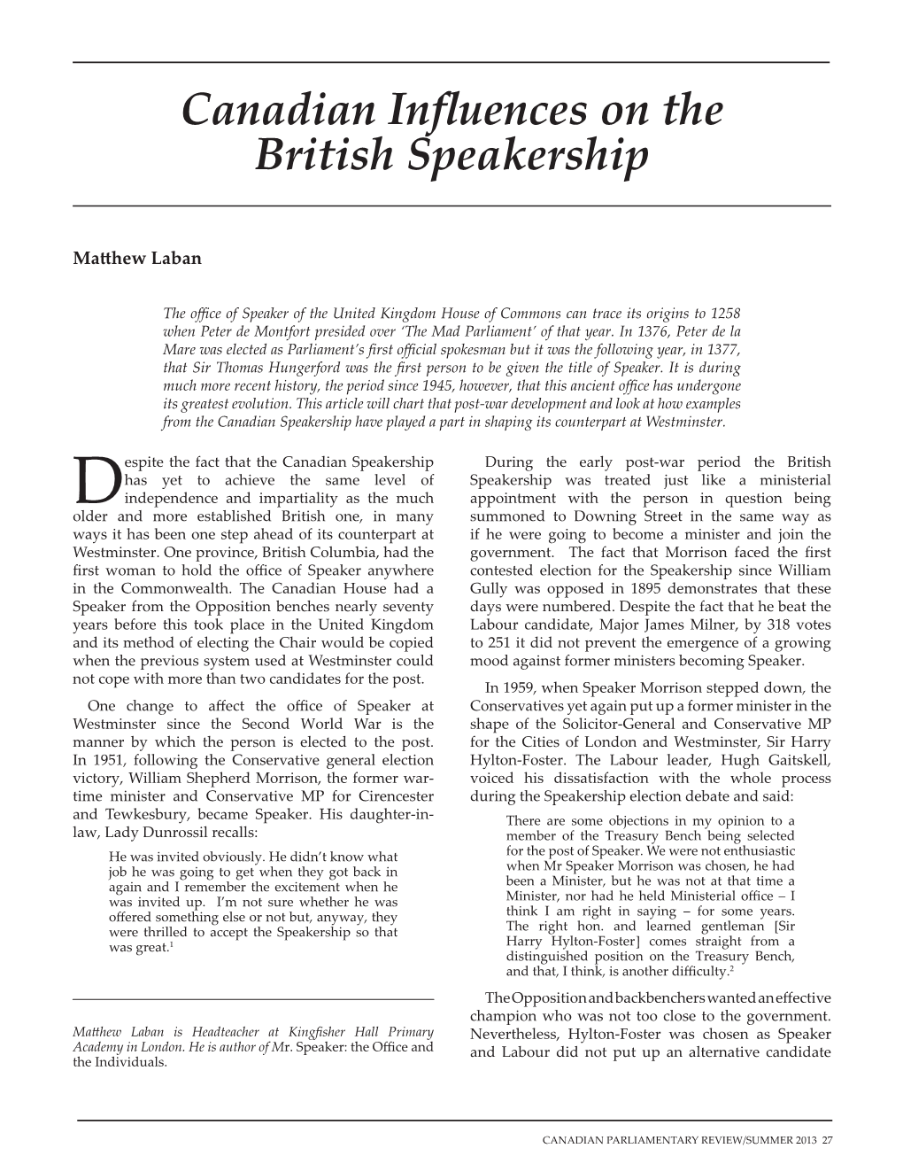 Canadian Influences on the British Speakership