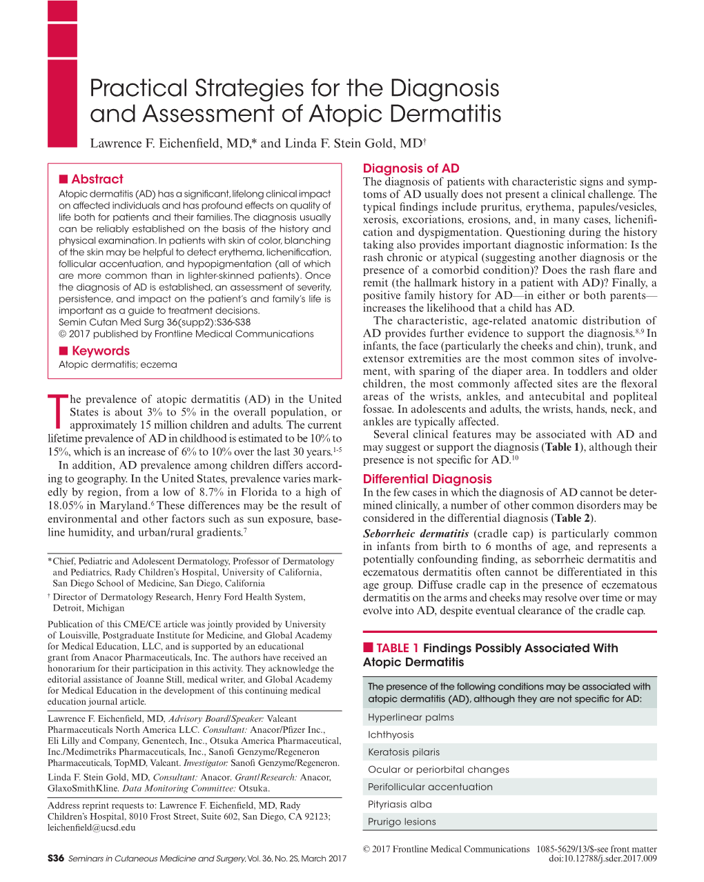 Practical Strategies for the Diagnosis and Assessment of Atopic Dermatitis Lawrence F