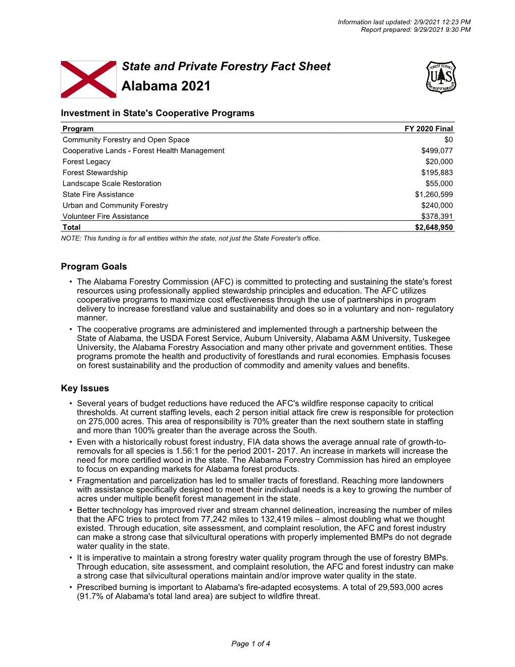 Alabama State and Private Forestry Fact Sheet 2021