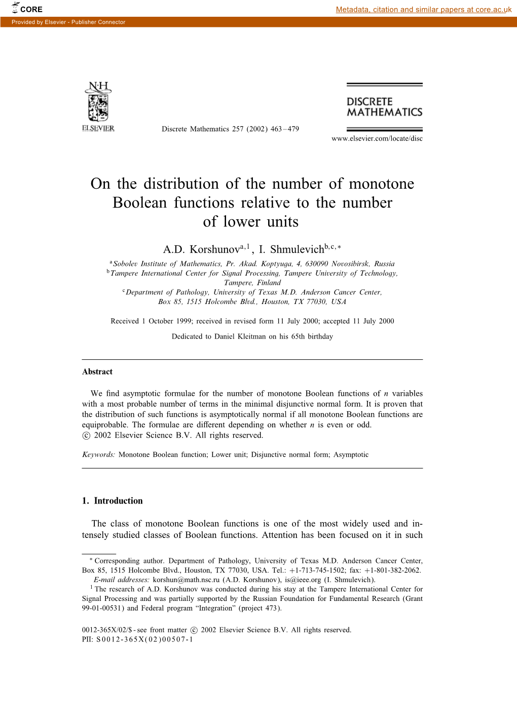 On the Distribution of the Number of Monotone Boolean Functions Relative to the Number of Lower Units