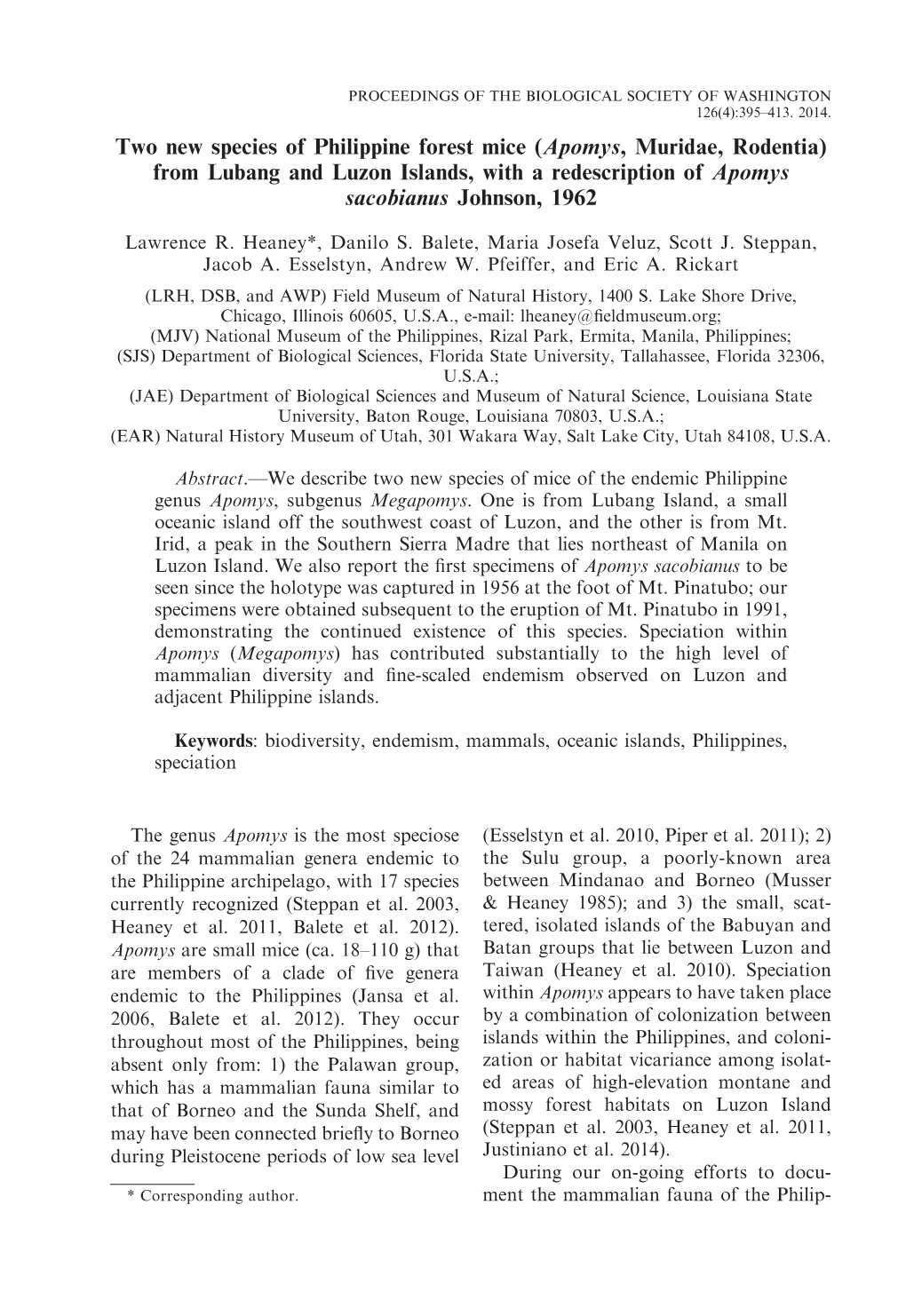 Apomys, Muridae, Rodentia) from Lubang and Luzon Islands, with a Redescription of Apomys Sacobianus Johnson, 1962