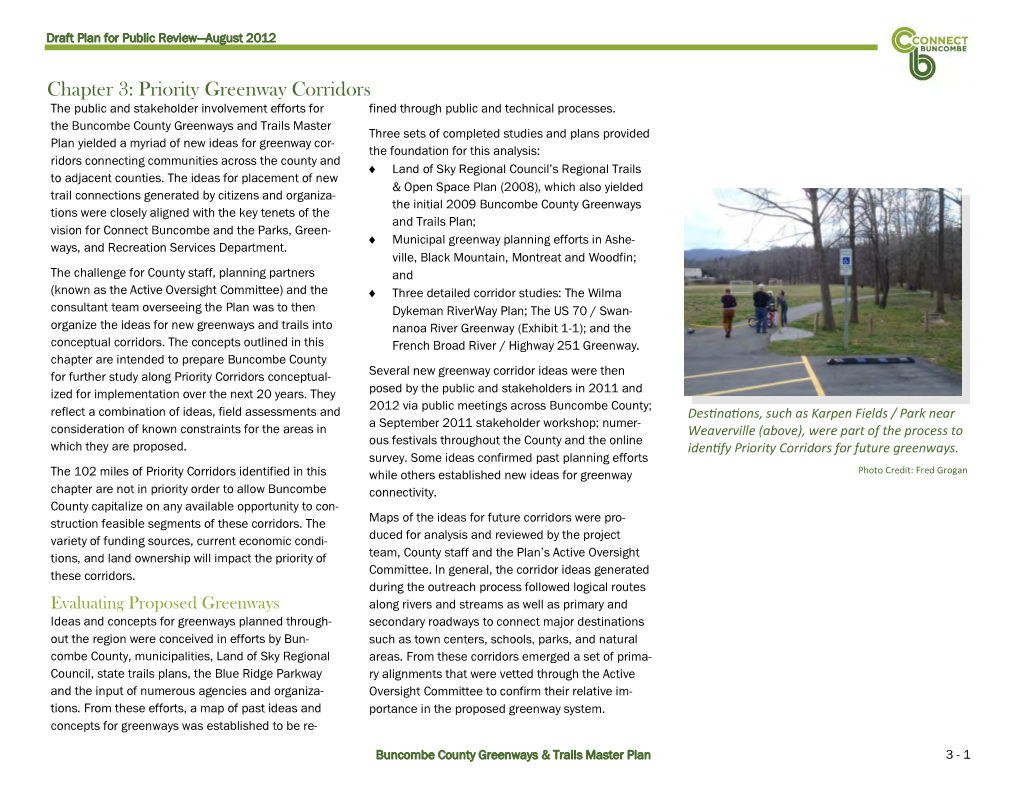 Priority Greenway Corridors the Public and Stakeholder Involvement Efforts for Fined Through Public and Technical Processes