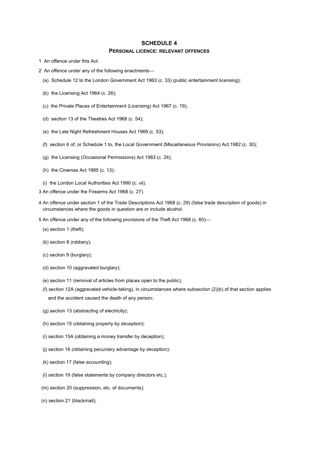 Schedule 4 Personal Licence: Relevant Offences