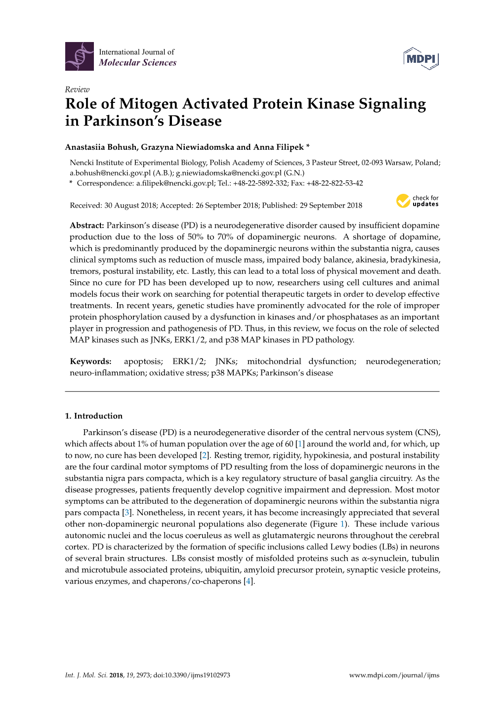 Role of Mitogen Activated Protein Kinase Signaling in Parkinson's