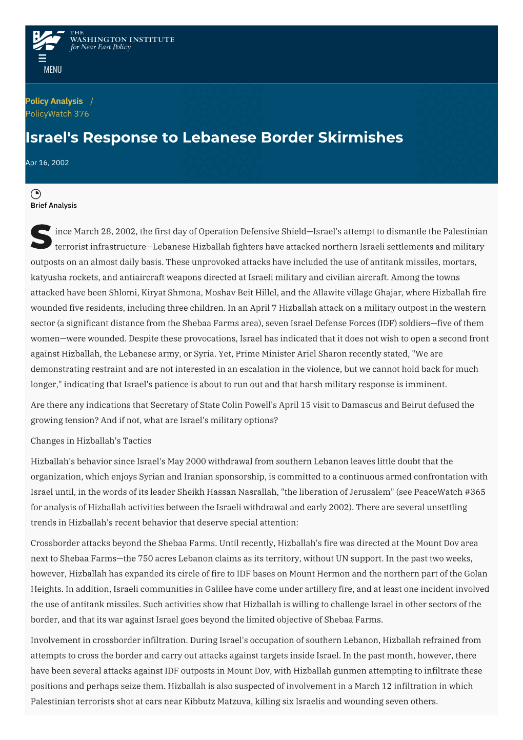 Israel's Response to Lebanese Border Skirmishes | the Washington Institute