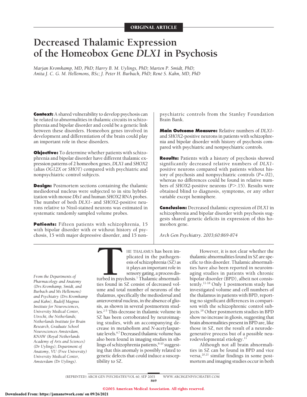 Decreased Thalamic Expression of the Homeobox Gene DLX1 in Psychosis