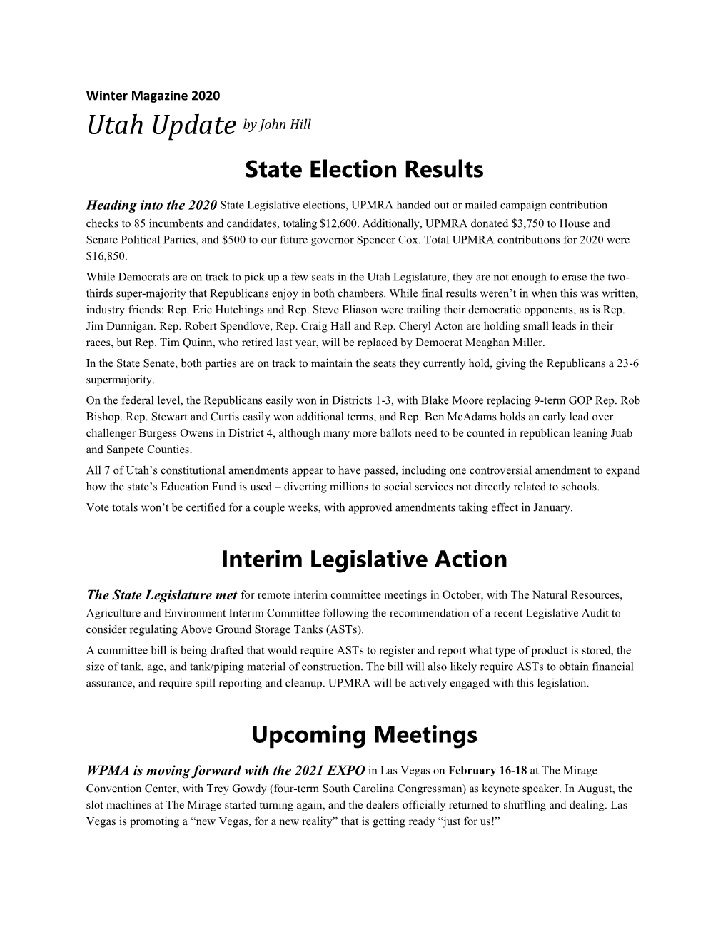 Utah Update by John Hill State Election Results