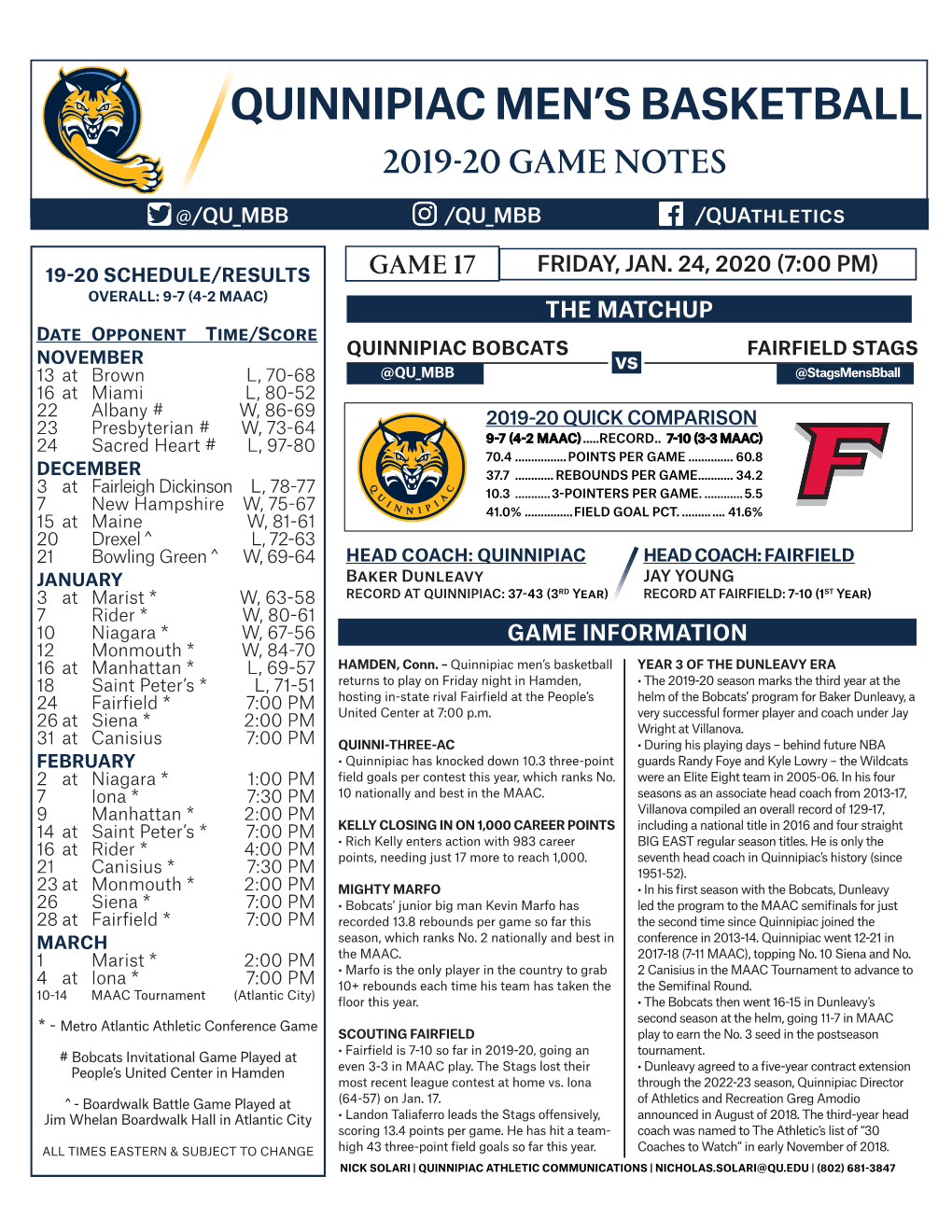 Quinnipiac Men's Basketball Page 1/1 Combined Team Statistics As of Jan 23, 2020 All Games