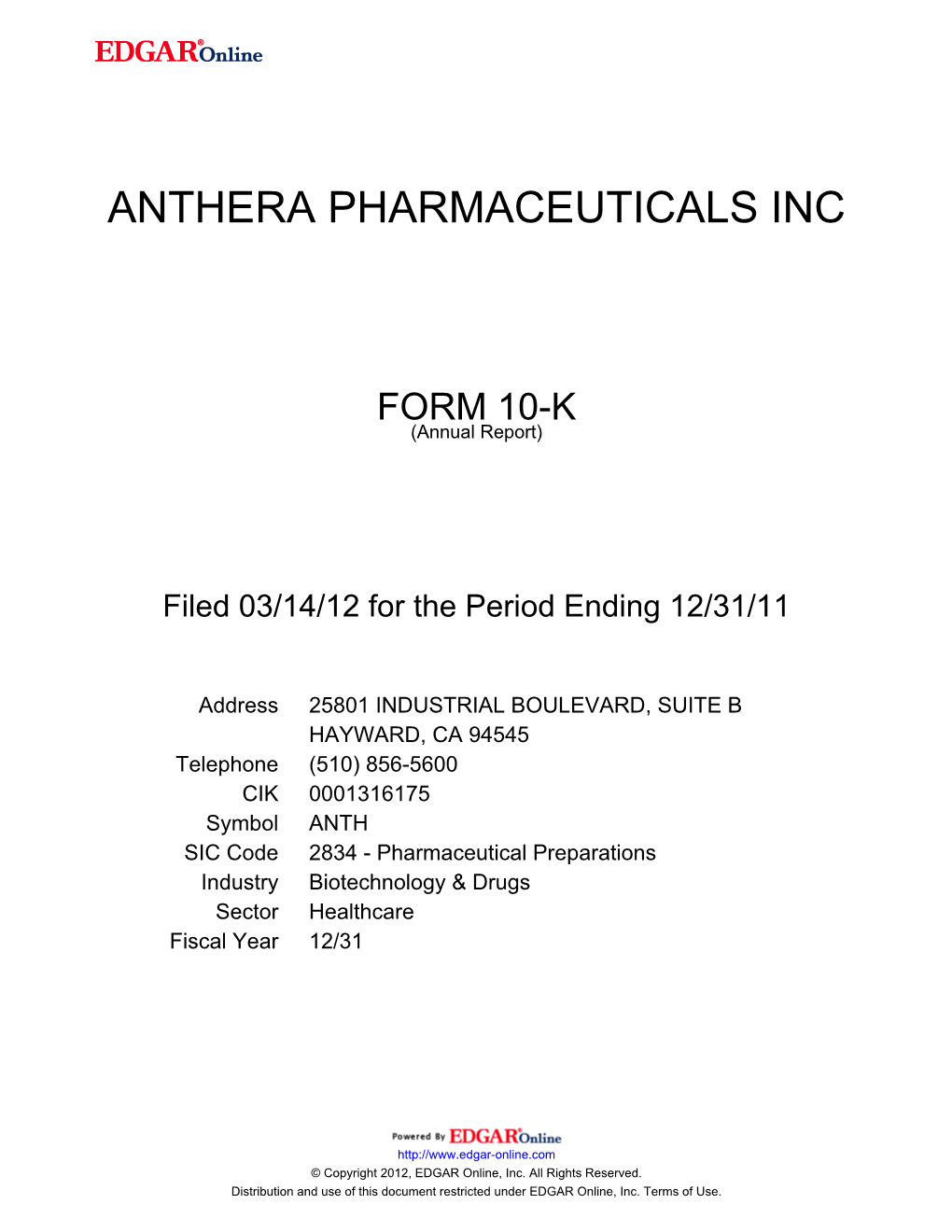 Anthera Pharmaceuticals Inc