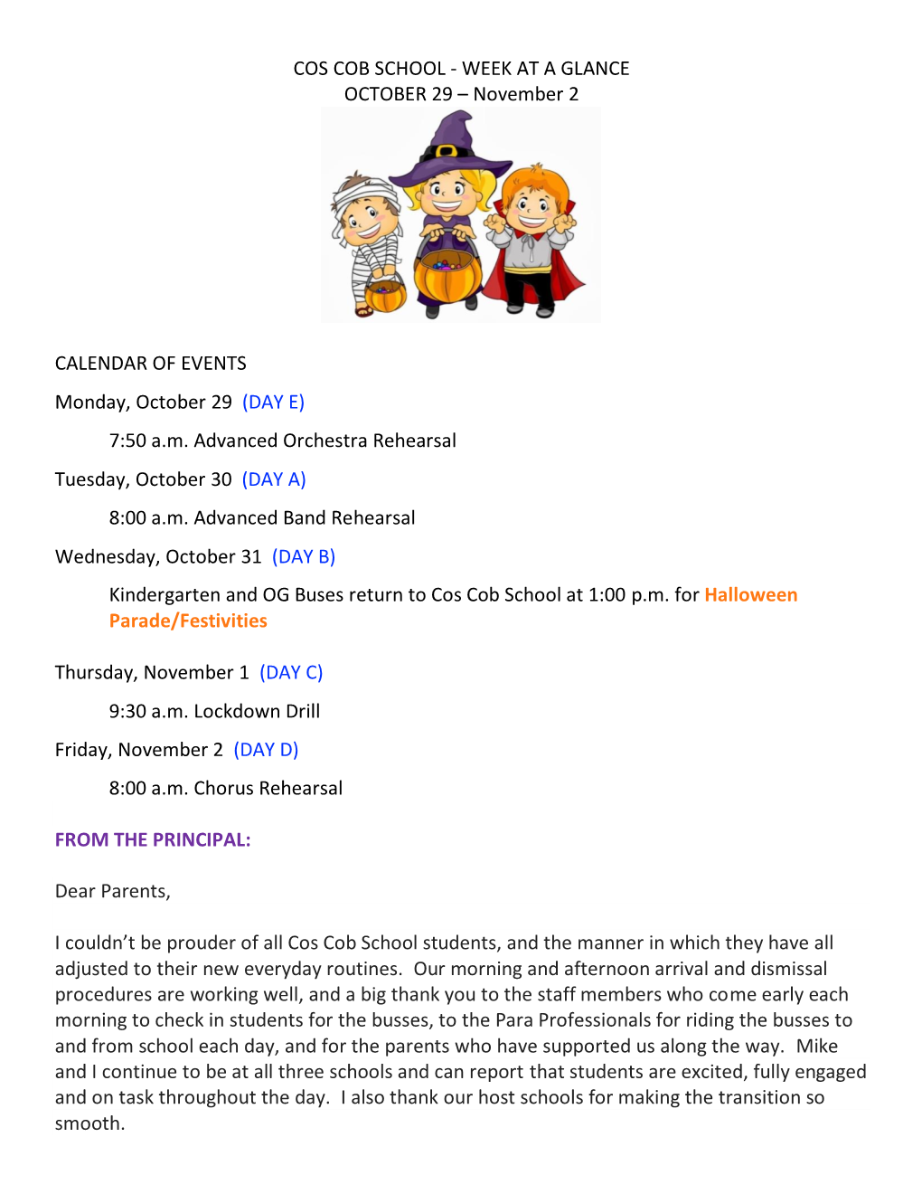 COS COB SCHOOL - WEEK at a GLANCE OCTOBER 29 – November 2