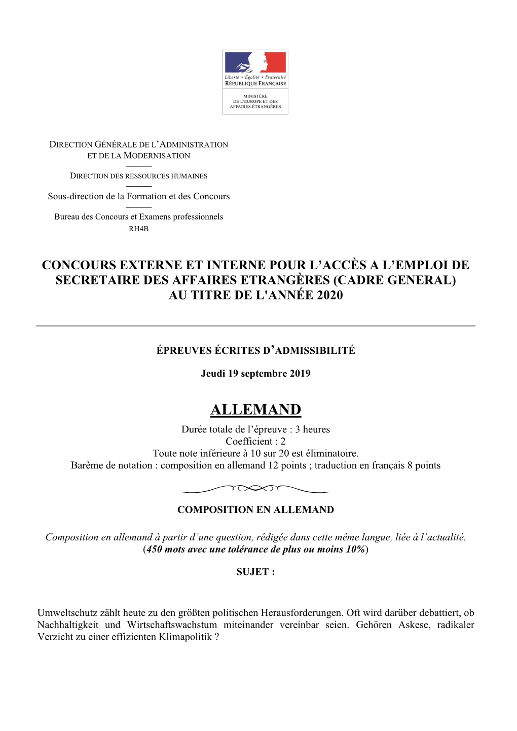 ALLEMAND Durée Totale De L’Épreuve : 3 Heures Coefficient : 2 Toute Note Inférieure À 10 Sur 20 Est Éliminatoire