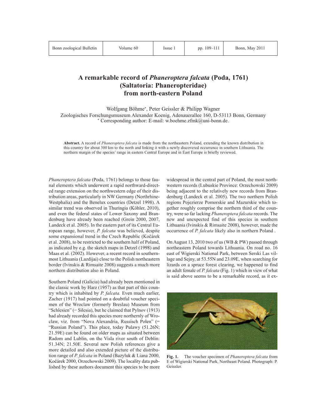 A Remarkable Record of Phaneroptera Falcata (Poda, 1761) (Saltatoria: Phaneropteridae) from North-Eastern Poland