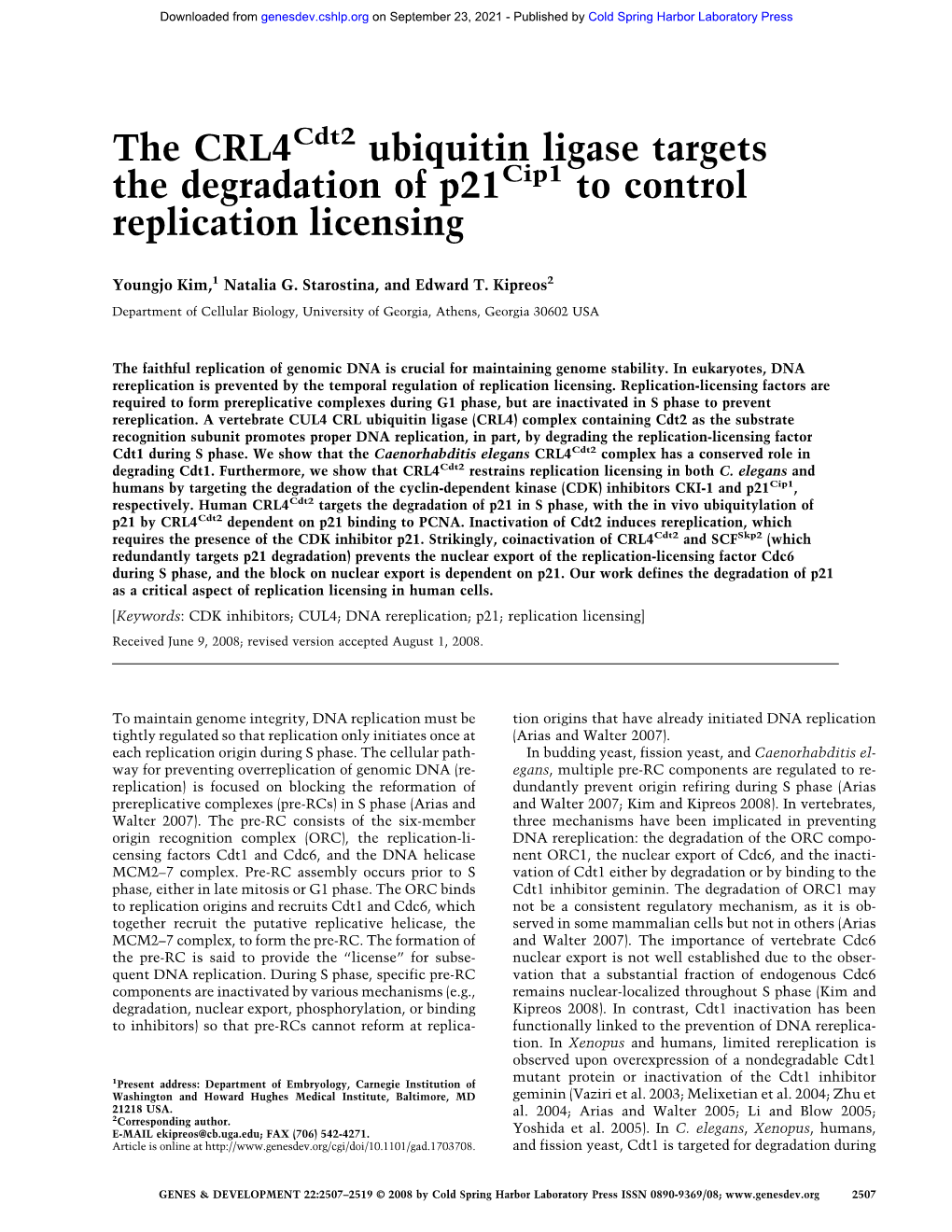 The CRL4 Ubiquitin Ligase Targets the Degradation of P21 to Control