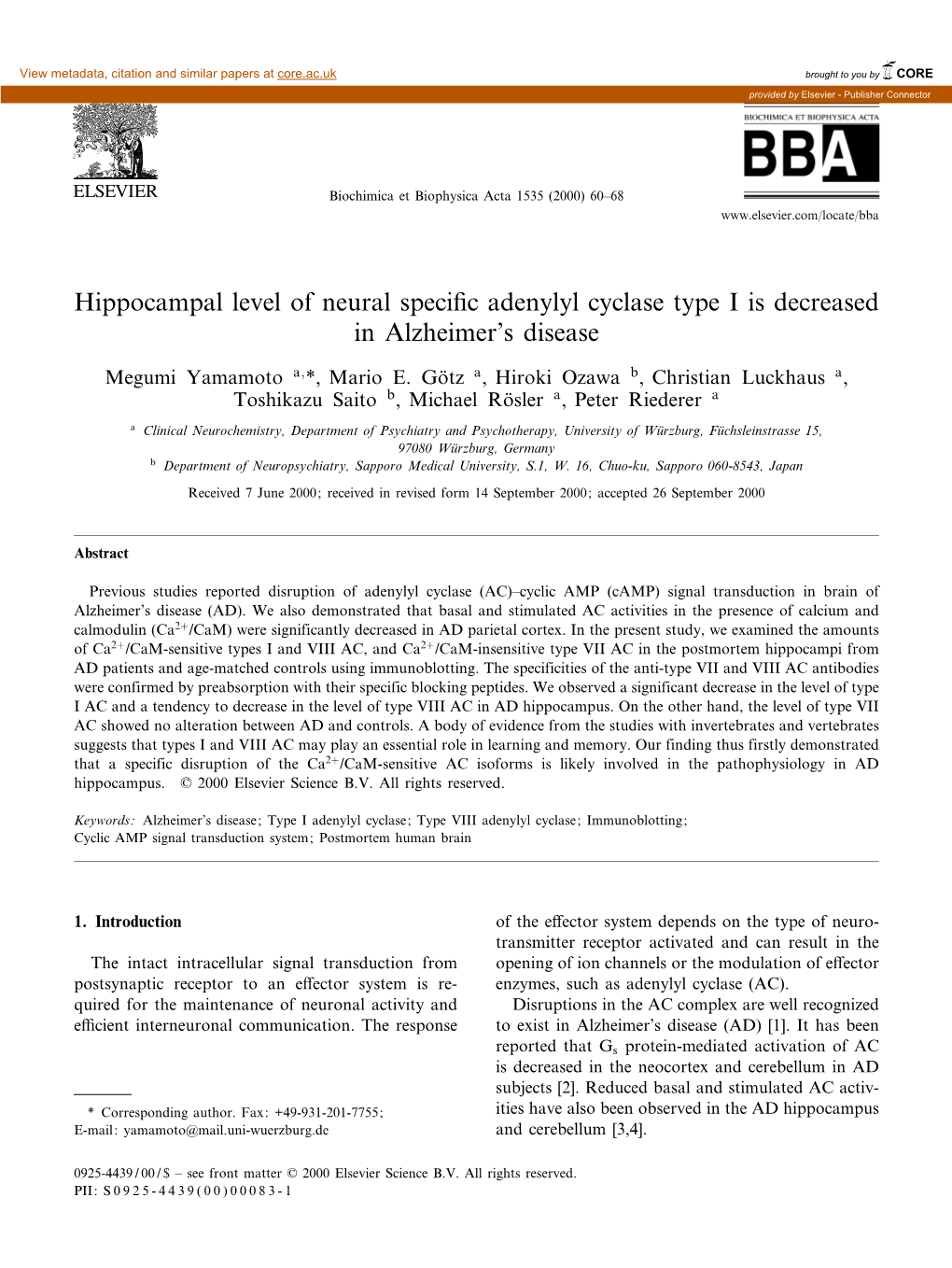 Hippocampal Level of Neural Speci¢C Adenylyl Cyclase Type I Is Decreased in Alzheimer's Disease