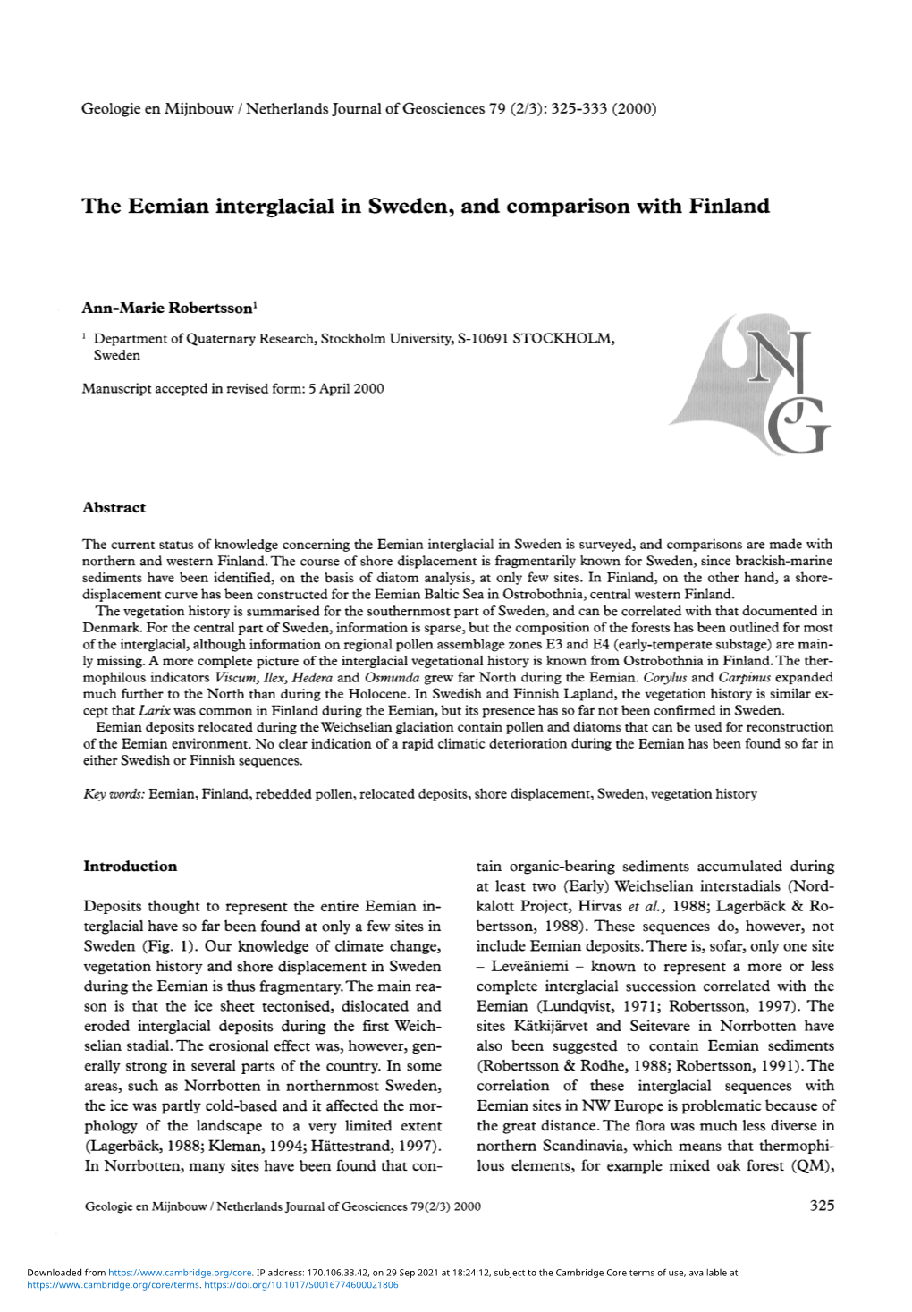 The Eemian Interglacial in Sweden, and Comparison with Finland