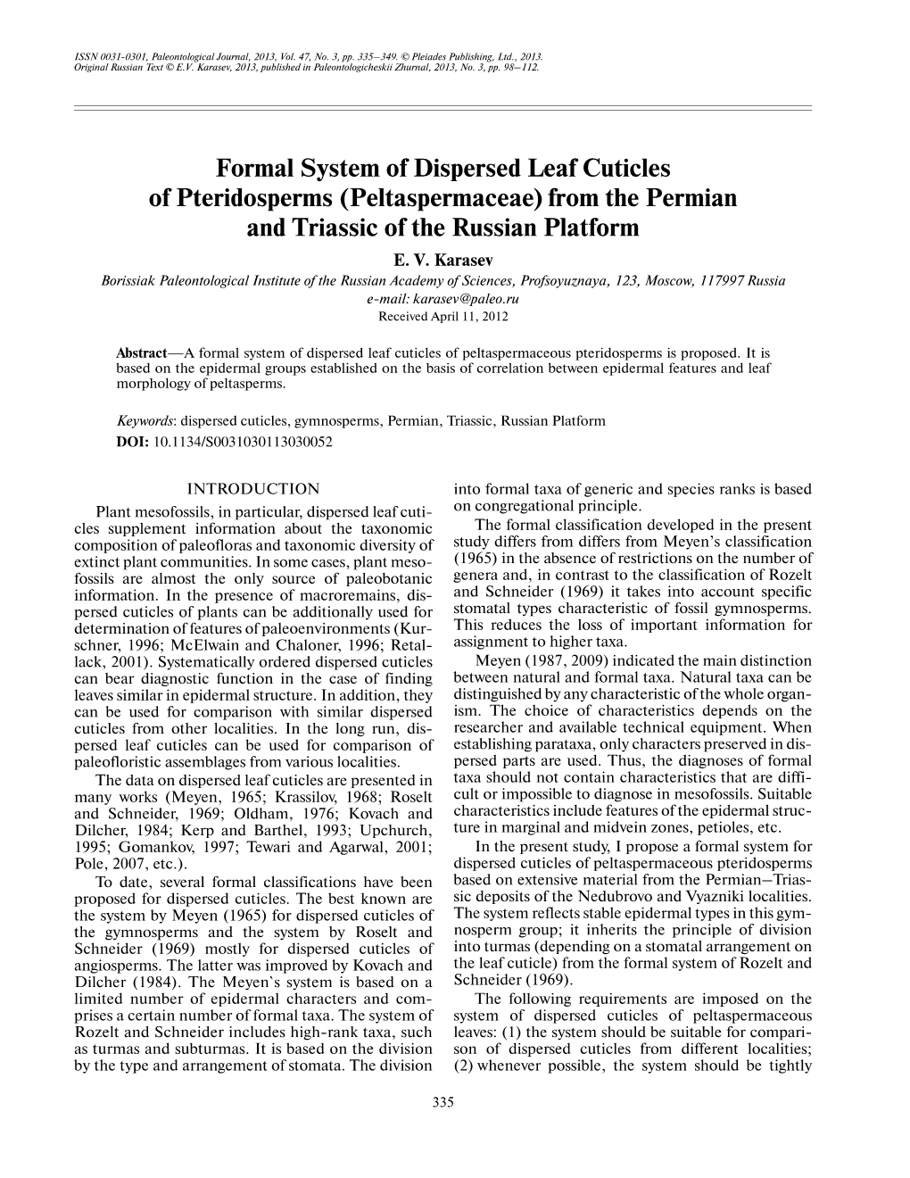 Formal System of Dispersed Leaf Cuticles of Pteridosperms (Peltaspermaceae) from the Permian and Triassic of the Russian Platform E