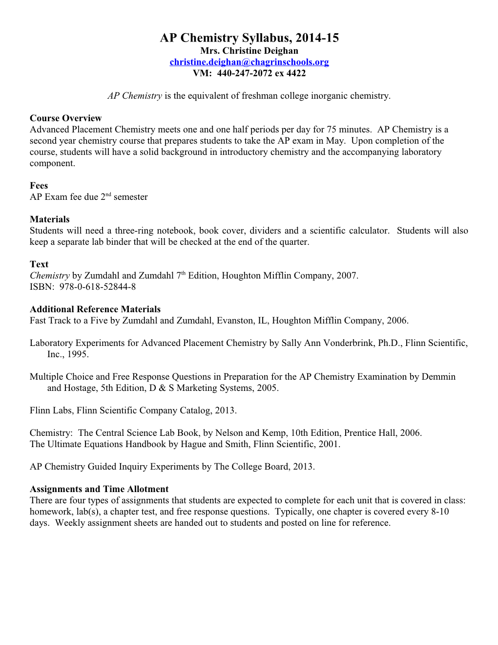 AP Chemistry Syllabus, 2014-15