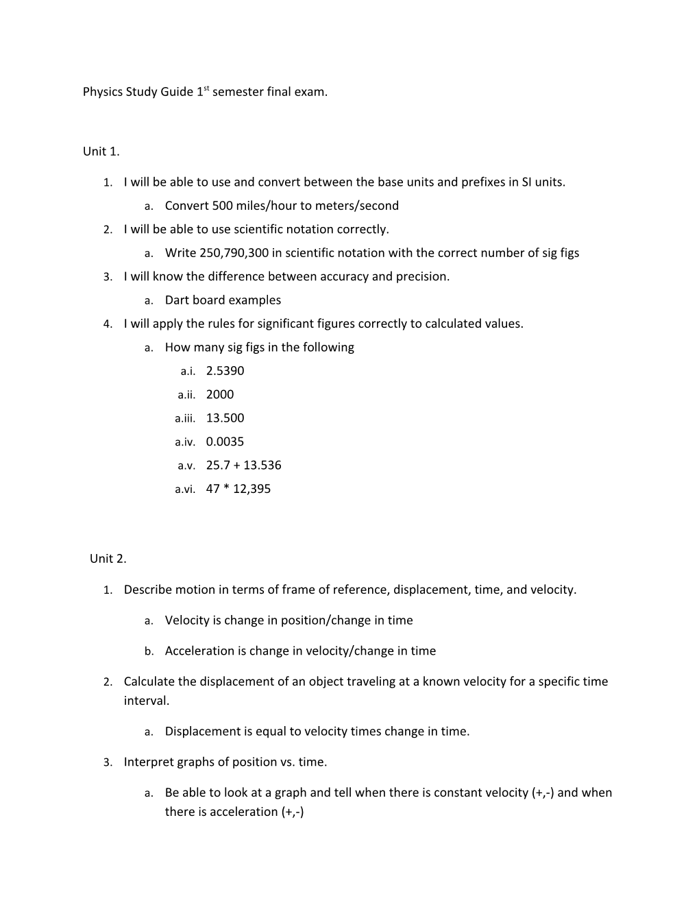 Physics Study Guide 1St Semester Final Exam