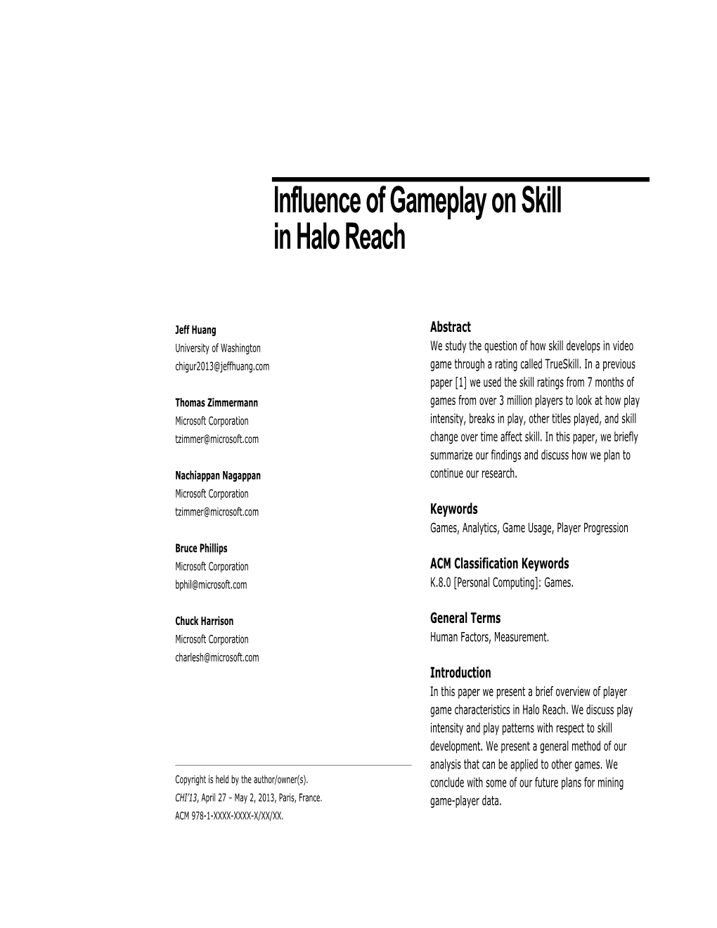 Influence of Gameplay on Skill in Halo Reach