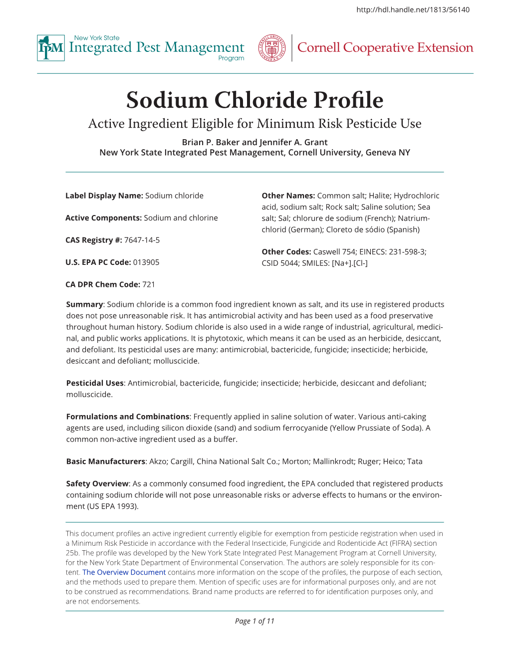 Sodium Chloride Profile Integrated Pest Management Cornell Cooperative Extension Program