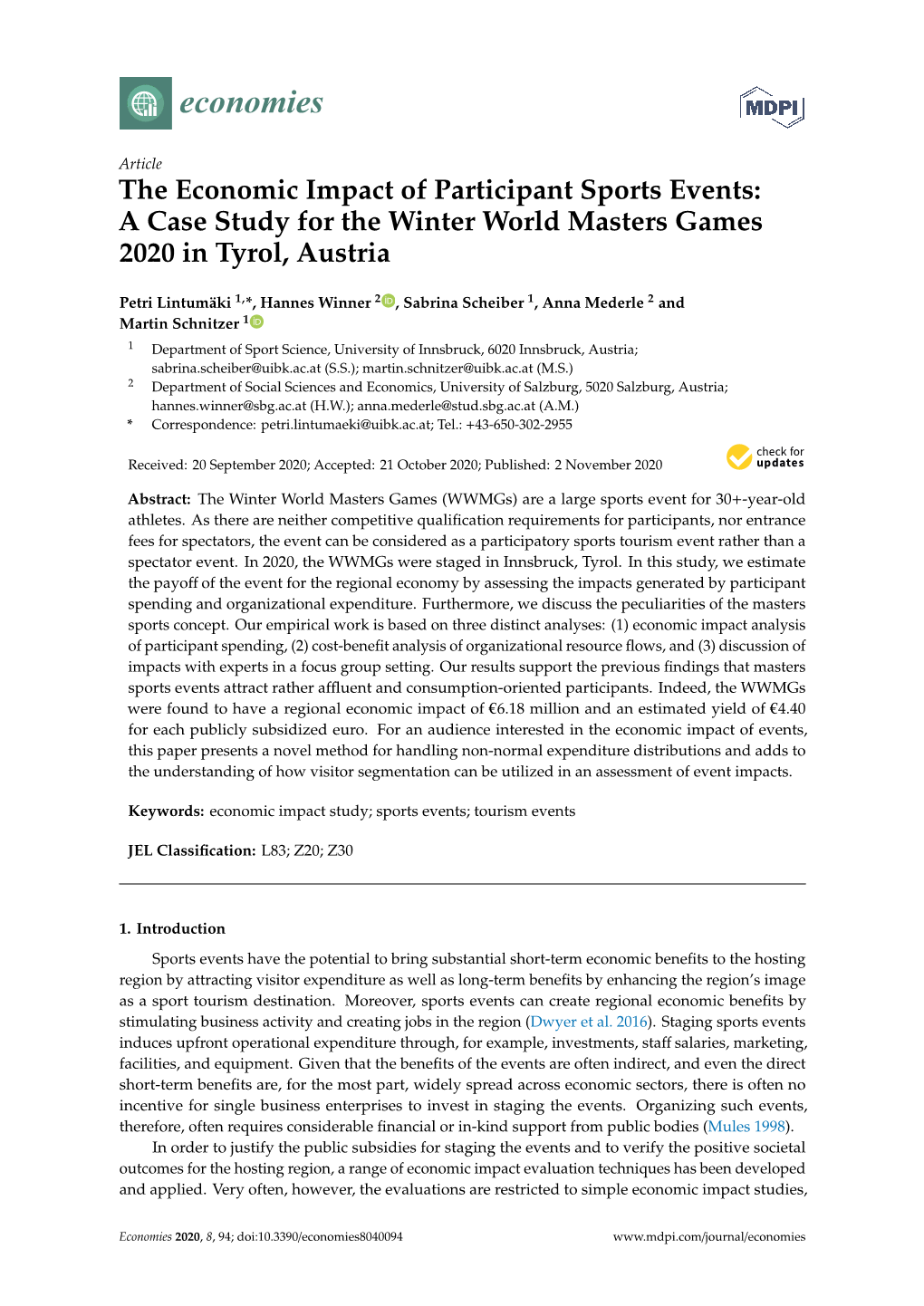 The Economic Impact of Participant Sports Events: a Case Study for the Winter World Masters Games 2020 in Tyrol, Austria