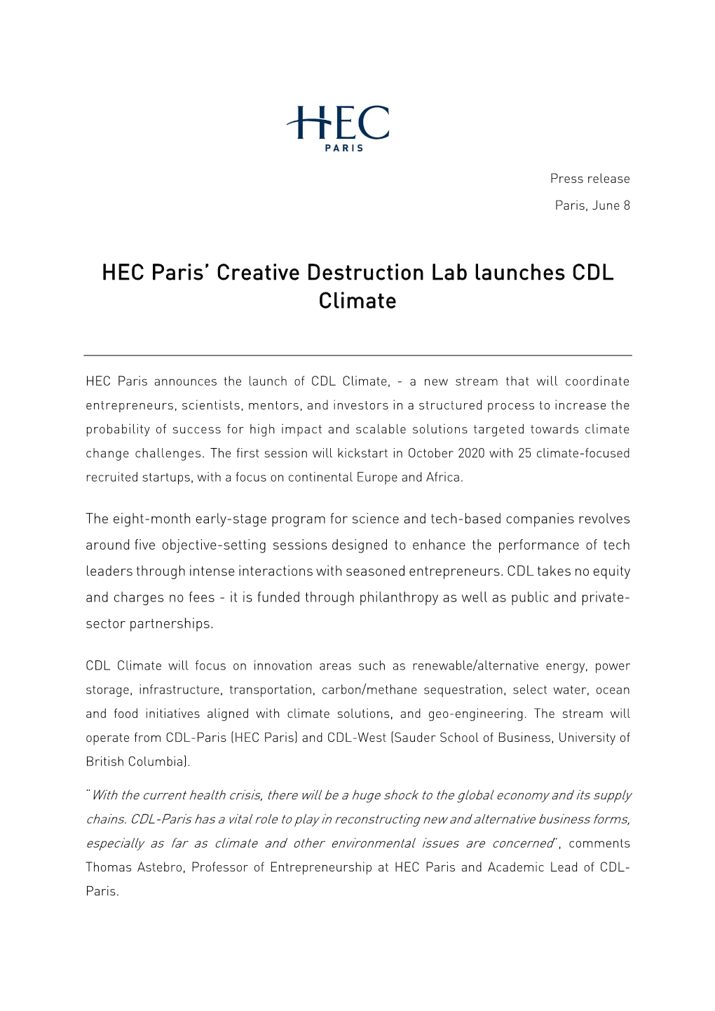 HEC Paris' Creative Destruction Lab Launches CDL Climate