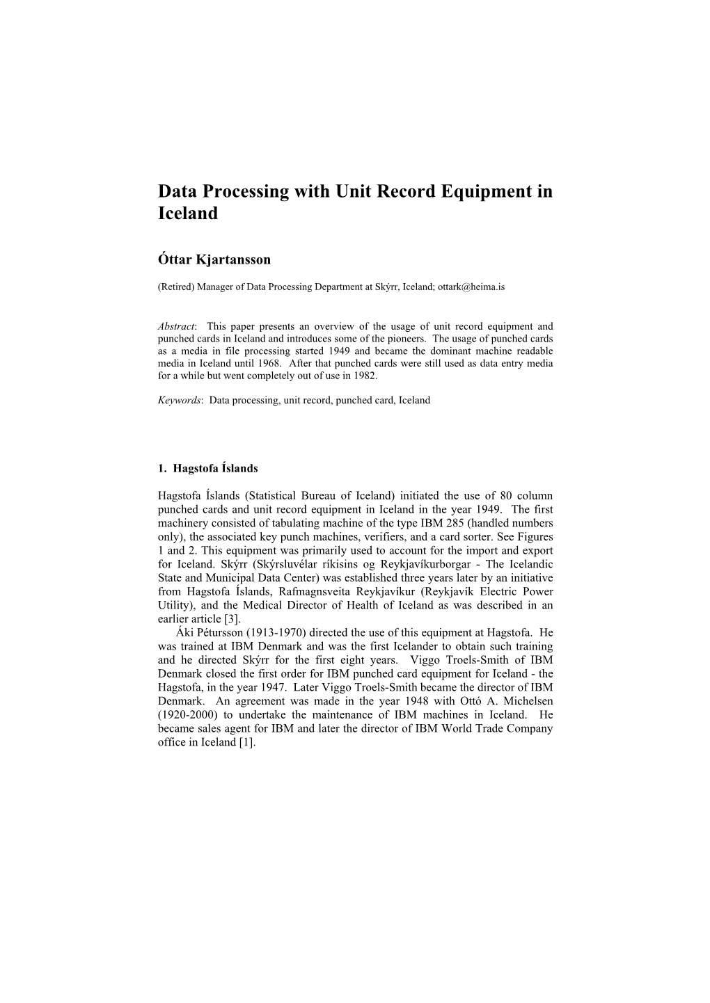 Data Processing with Unit Record Equipment in Iceland
