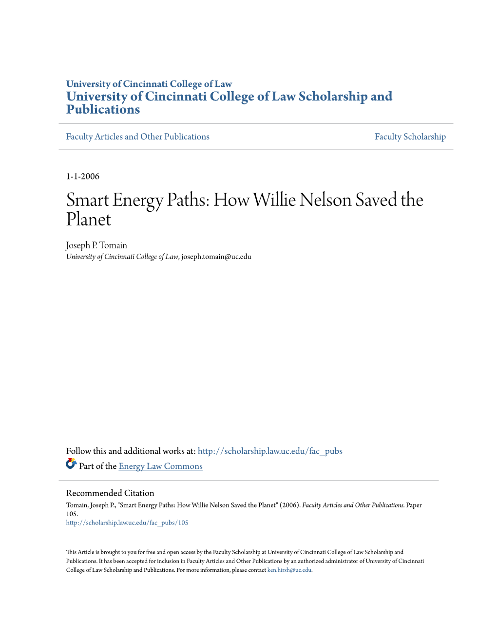Smart Energy Paths: How Willie Nelson Saved the Planet Joseph P