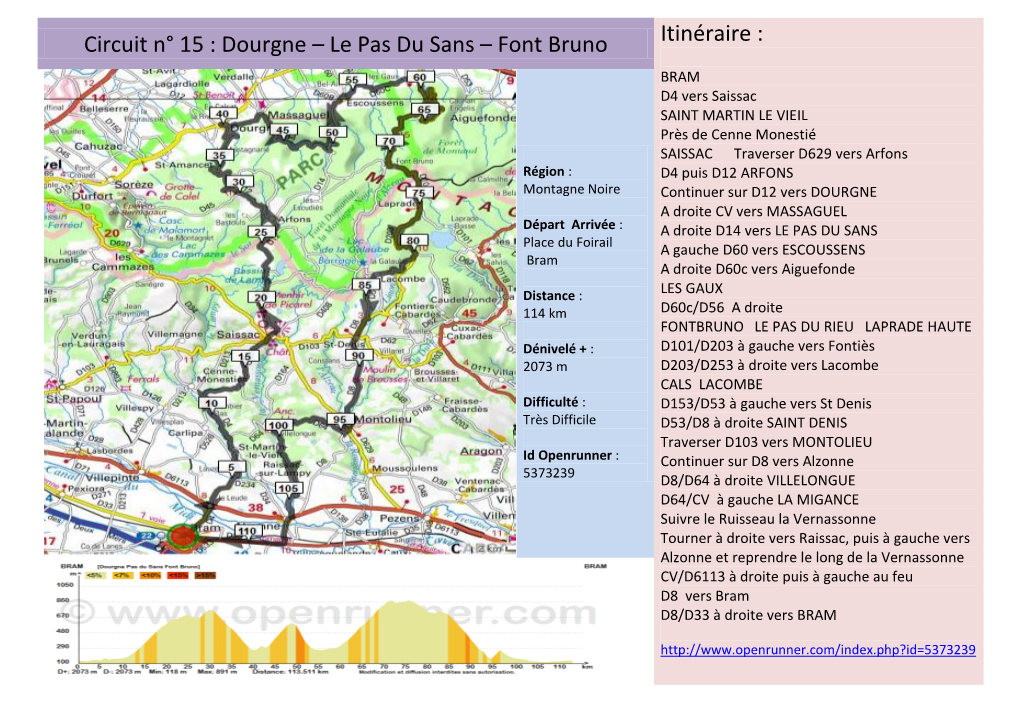 Circuit N° 15 : Dourgne – Le Pas Du Sans – Font Bruno Itinéraire