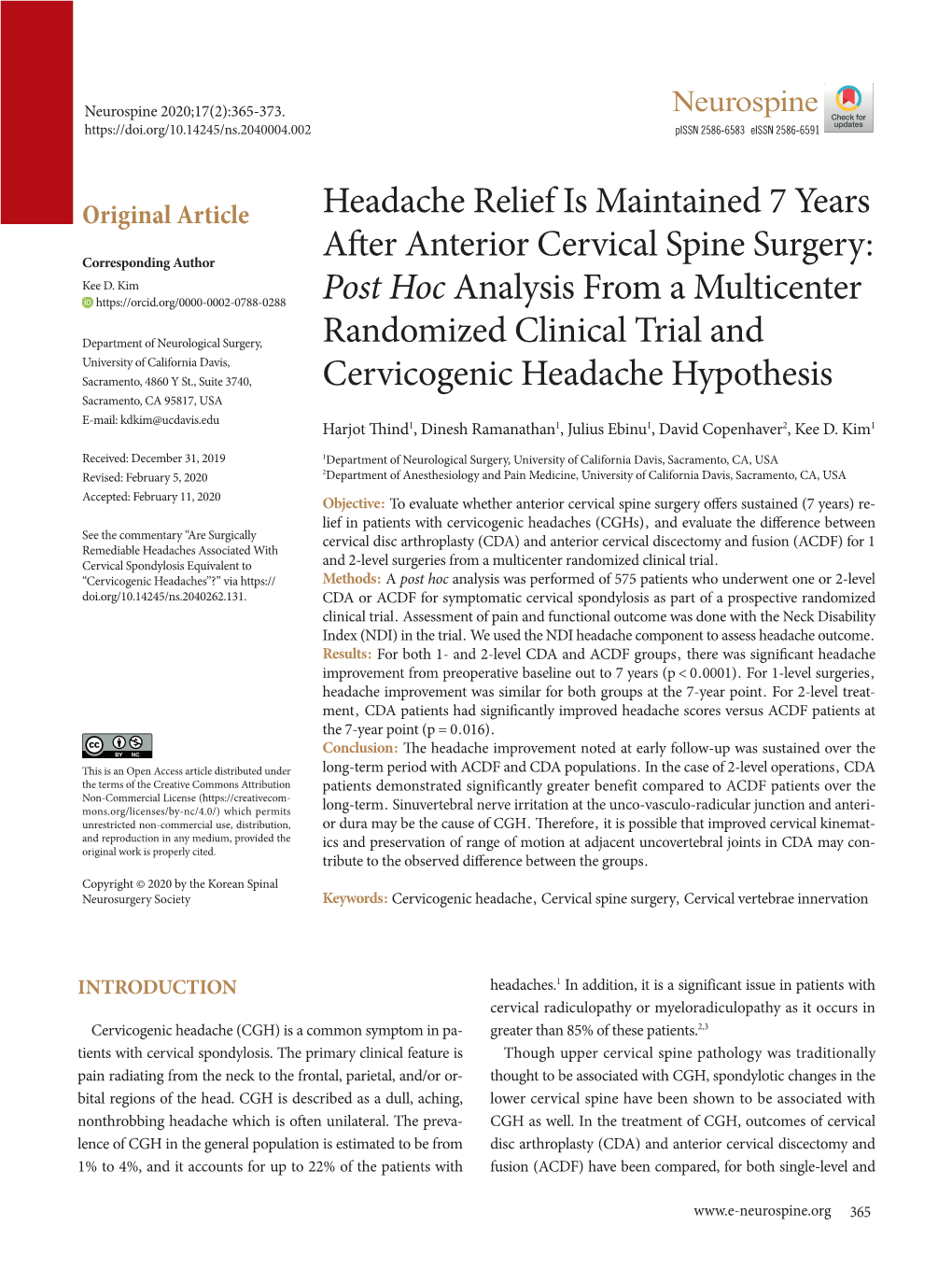 Headache Relief Is Maintained 7 Years After Anterior Cervical Spine Surgery