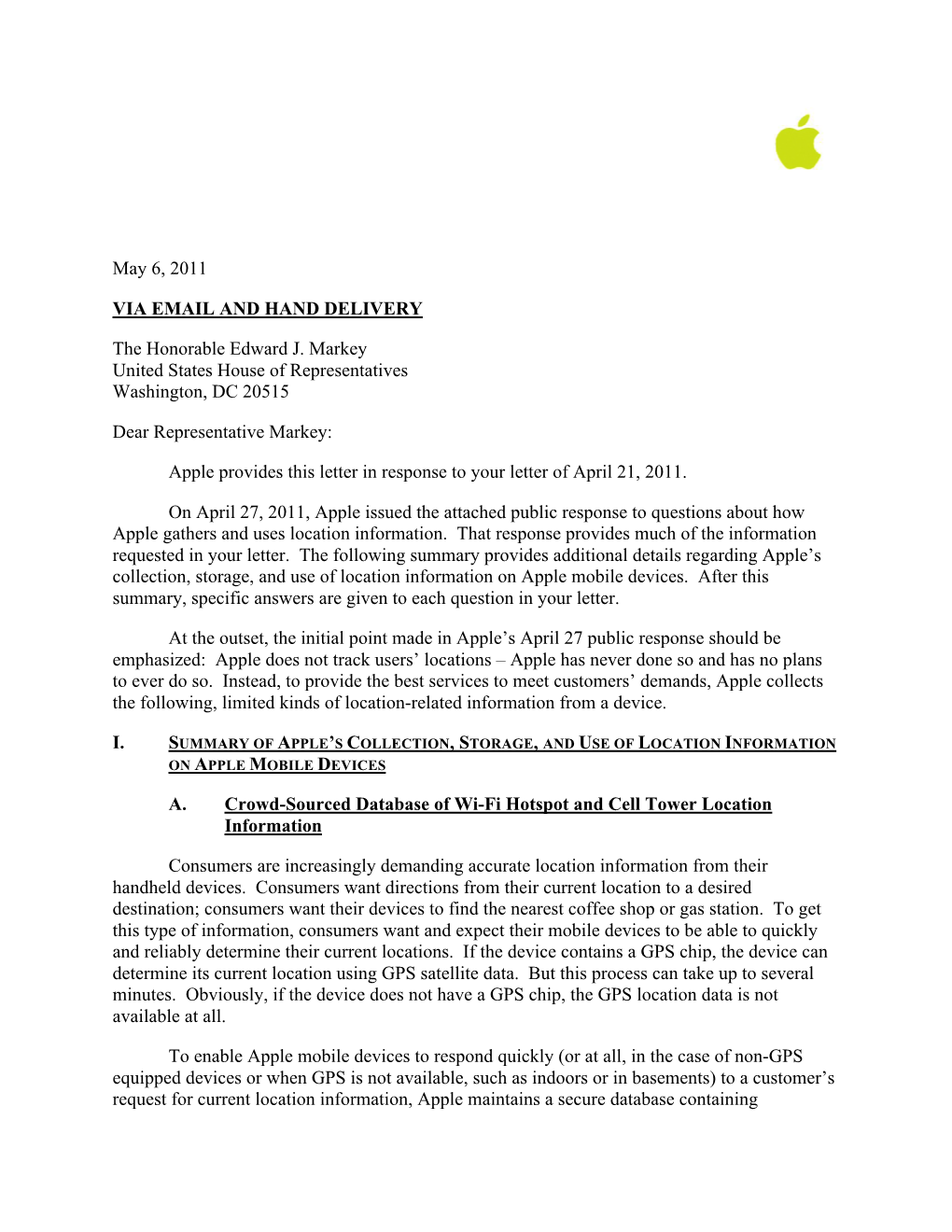 Apple Letter to Representative Markey (5-6-2011)