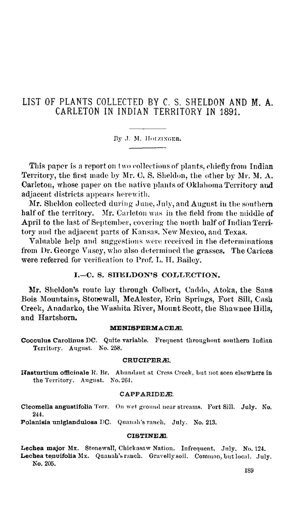 List of Plants Collected by C. S. Sheldon and M. A. Carleton in Indian Territory in 1891