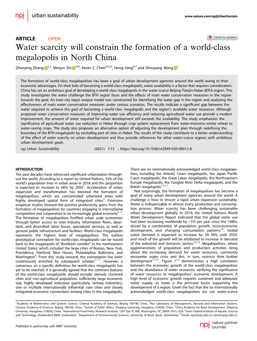 Water Scarcity Will Constrain the Formation of a World-Class Megalopolis in North China ✉ ✉ Zhuoying Zhang 1,2, Minjun Shi 3 , Kevin Z