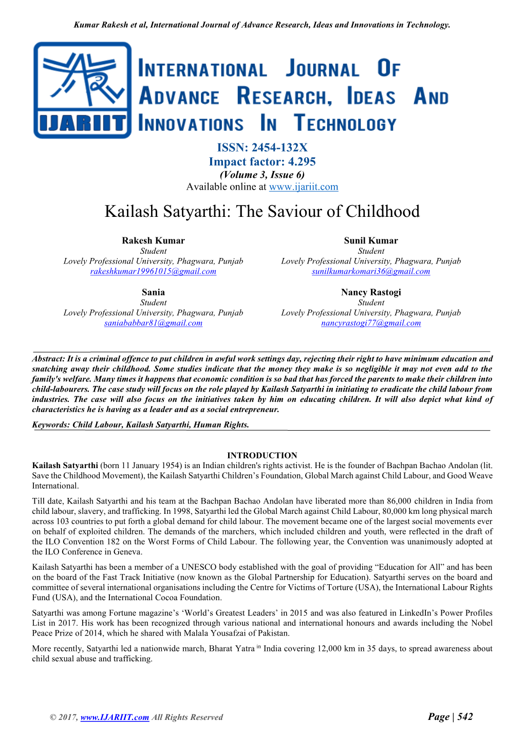 Kailash Satyarthi: the Saviour of Childhood