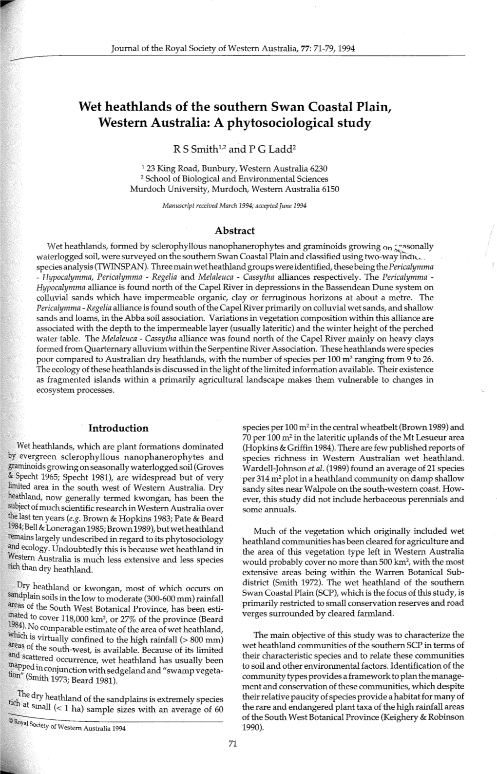 Wet Heathlands of the Southern Swan Coastal Plain, Western Australia: a Phytosociological Study