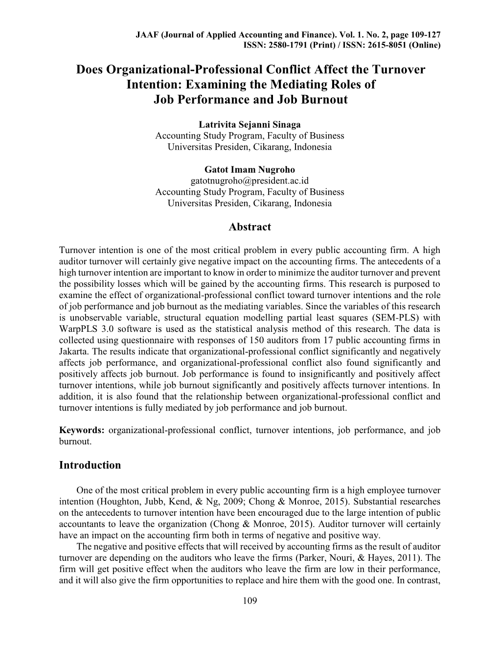 Does Organizational-Professional Conflict Affect the Turnover Intention: Examining the Mediating Roles of Job Performance and Job Burnout