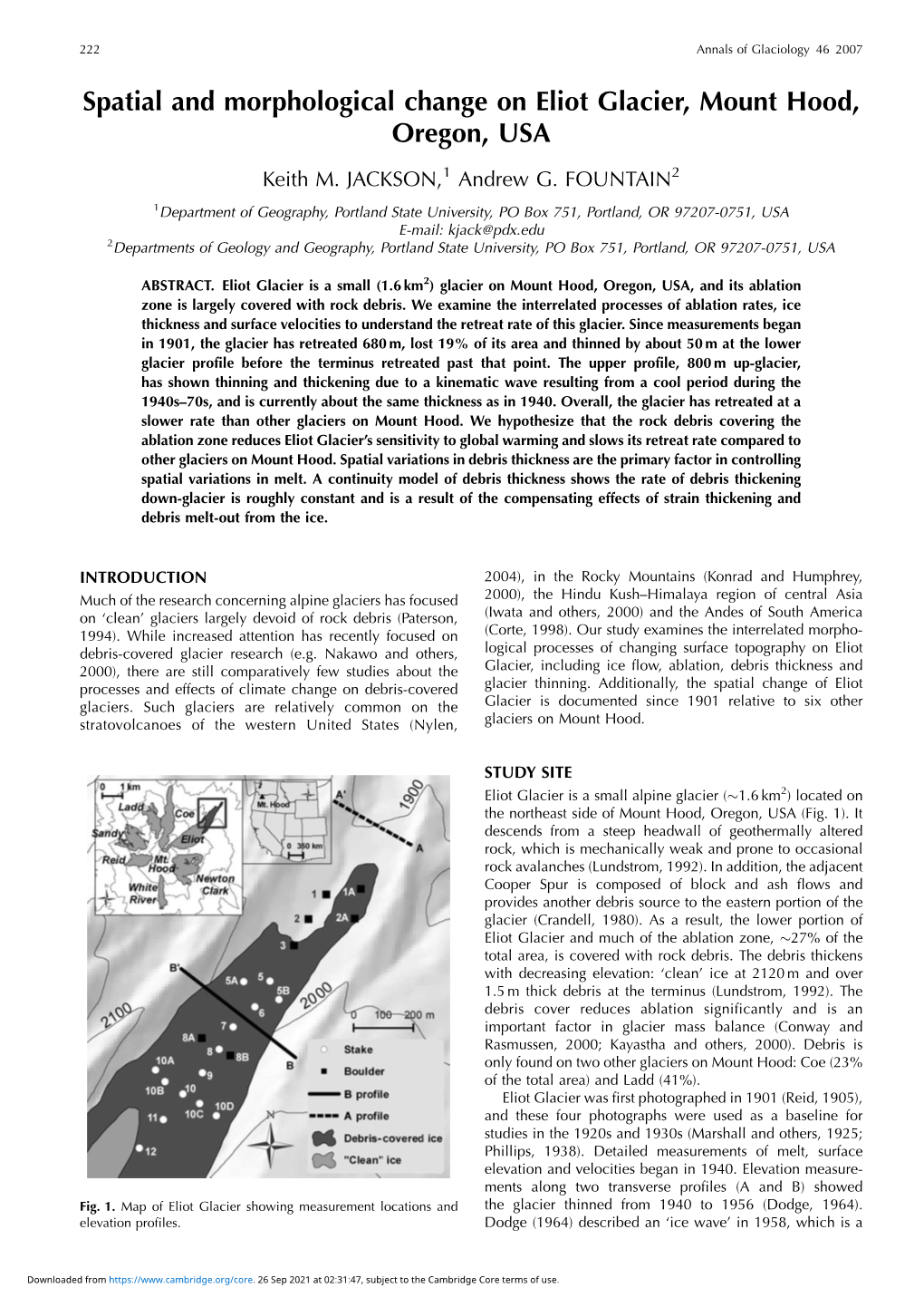 Spatial and Morphological Change on Eliot Glacier, Mount Hood, Oregon, USA