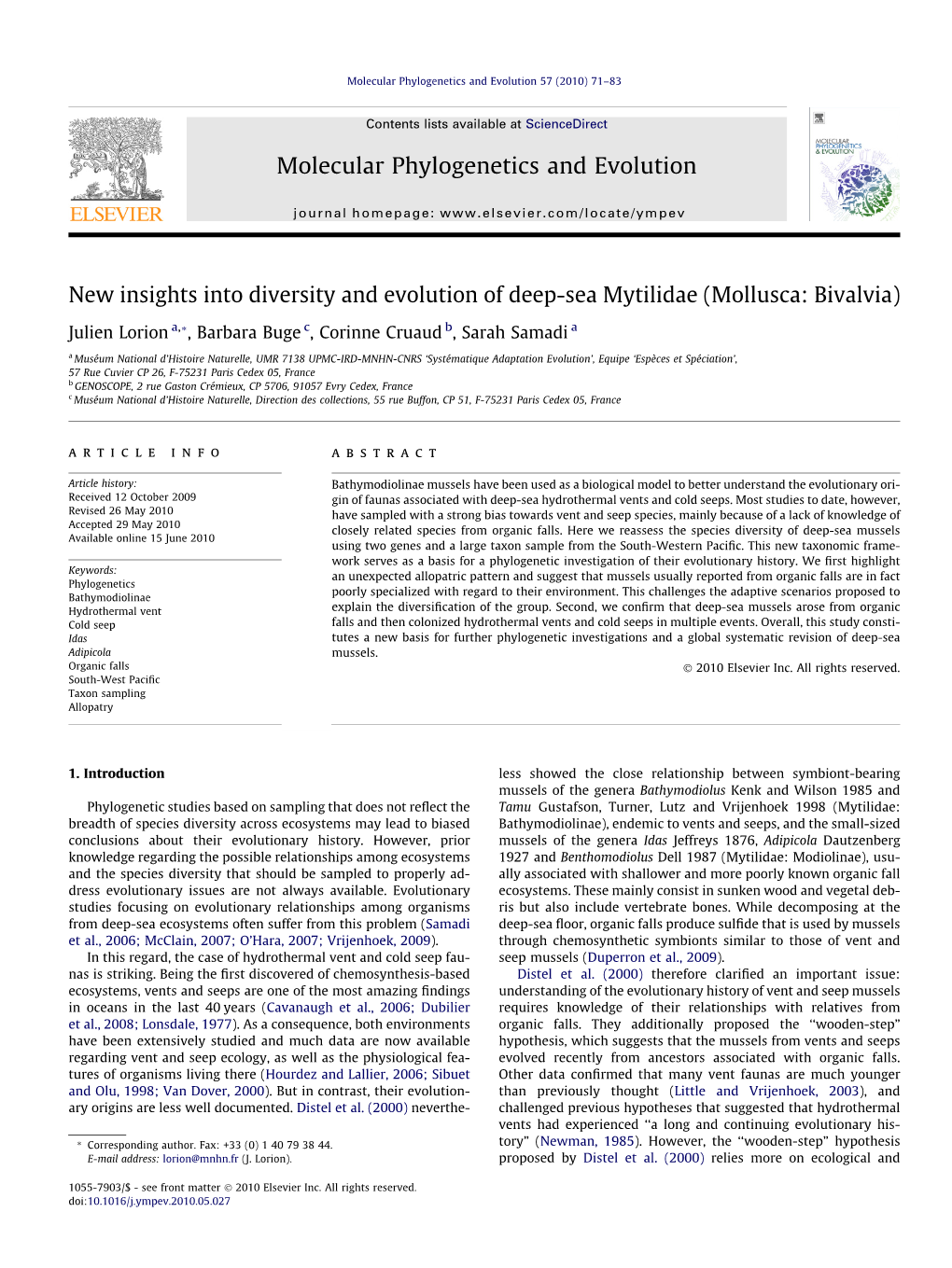 New Insights Into Diversity and Evolution of Deep-Sea Mytilidae (Mollusca: Bivalvia)