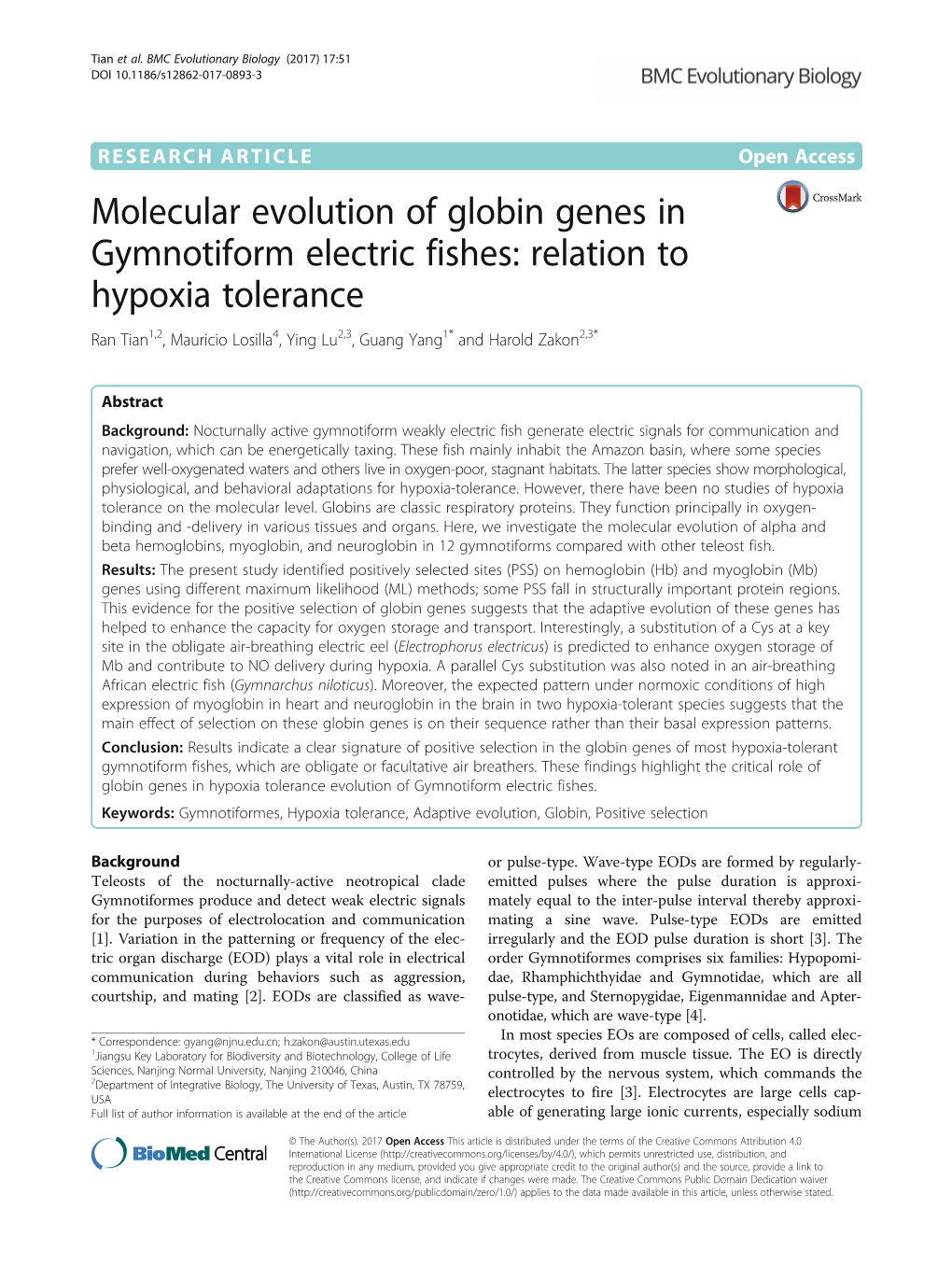 Molecular Evolution of Globin Genes in Gymnotiform Electric Fishes