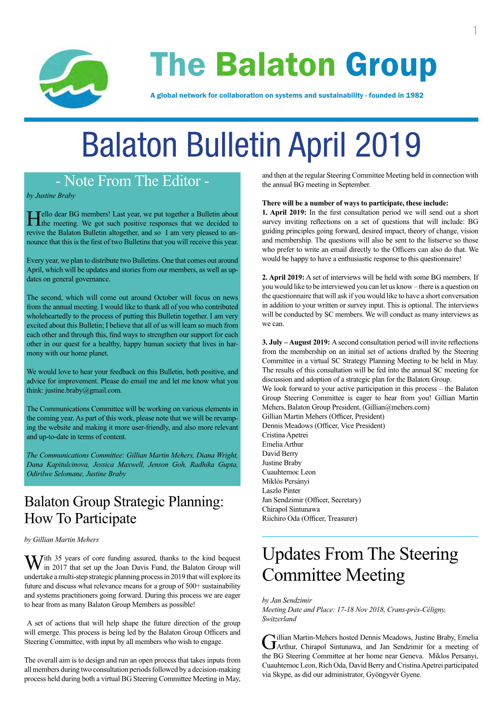 The Balaton Group a Global Network for Collaboration on Systems and Sustainability - Founded in 1982 Balaton Bulletin April 2019